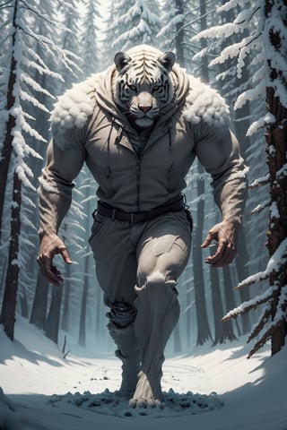 8K HDR photo), a man with a white suit and hood, walking with a powerful muscular white tiger, in the snowy forest, a movie atmosphere, lights and reflections, all very detailed, realistic photo