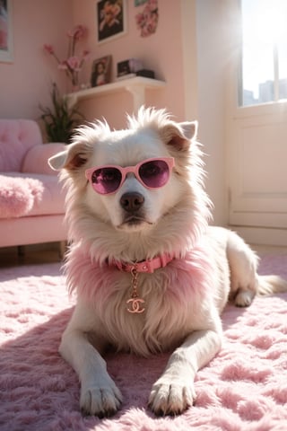 soft and hairy dog ​​lying down, Chanel designer clothing with pink accessories, fashion glasses, well-decorated colorful apartment, realistic environment with sun reflections and shadows, very high quality cinematographic scenography, breathtaking scene of a great masterpiece, crazy 8k graphics, everything wonderful and detailed photorealistic, kitakoumae