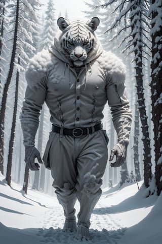 8K HDR photo), powerful white muscular white tiger, walking in the snowy forest, side by side with a man in white suit and hood, with a movie atmosphere all very detailed realistic photo