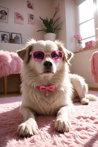 soft and hairy dog ​​lying down, Fendy designer clothing with pink accessories, fashion glasses, well-decorated colorful apartment, realistic environment with sun reflections and shadows, very high quality cinematographic scenography, breathtaking scene of a great masterpiece, crazy 8k graphics, everything wonderful and detailed photorealistic, kitakoumae