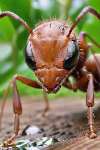 close up of a thisty ant drinking water