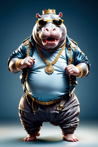 photorealistic portrait of Dressed animals - a fat baby hippo hip hop dancer,(hip hop dancing dynamic action pose), high quality,(lovely) ,intricate details, highly detailed ((hip hop fashion)) ,highly detailed decorations, wearing sunglasses, (happy), studio lighting,(full body image:1.5)