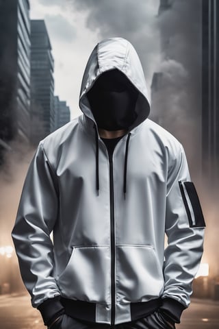armed man, sports suit with hood, obscured face, stormy sky, city, photorealistic, thriller theme, smoke, high resolution photo, 4k, full detailed, Portrait, realistic, chloting white