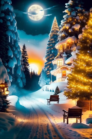 realistic and detailed, charming fairytale village, snowy decorated trees, street lamps benches, frozen lake, warm and inviting cabin, ultra sharp digital oil painting, snowflakes, mountains with waterfall, distant full moon with soft light, glitter, stars, stardust, hyper realistic, well rendered, detailed, vibrant sky, electric blues and purples in the style of Thomas Kinkade, lights and shadows for a wonderful scene,FFIXBG,Holy light,yofukashi background,Infrared_photography,no_humans,detailed background,Realism,Exquisite face,horror,rup3rt_Style,Santa Claus,4esthet1c,coralinefilm