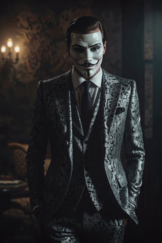 masterpiece, excellent quality, 8k, photo realistic man with anonymous mask, thriller style, modern black and white gucci suit, photorealistic, highly detailed, photo blurry, intricate, incredibly detailed, super detailed, gangster texture, detailed, crazy, soft lighting and shadows