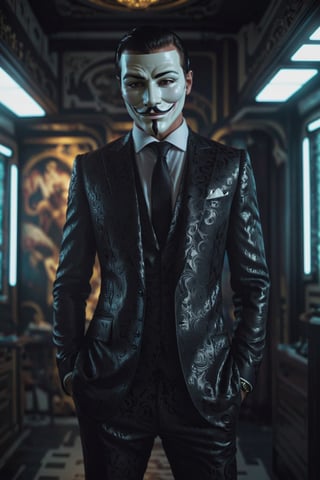 masterpiece, excellent quality, 8k, photo realistic man with anonymous mask, thriller style, modern black and white Versace suit, armed, photorealistic, highly detailed, photo blurry, intricate, incredibly detailed, super detailed, gangster plot, detailed, crazy, lights suffused and shadows