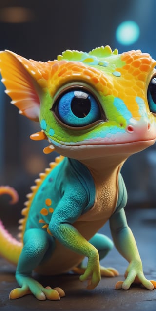 (best quality,8K,highres,masterpiece), ultra-detailed, (character design, creature design, concept art), cute gecko with big eyes and chameleon-skin, featuring adorable cat paws. The whimsical combination of features results in a charming and imaginative portrayal of this fantastical creature.,cyberpunk style