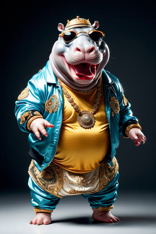 photorealistic portrait of Dressed animals - a fat baby hippo hip hop dancer,(hip hop dancing dynamic action pose), high quality,(lovely) ,intricate details, highly detailed ((hip hop fashion)) ,highly detailed decorations, wearing sunglasses, (happy), studio lighting,(full body image:1.5)