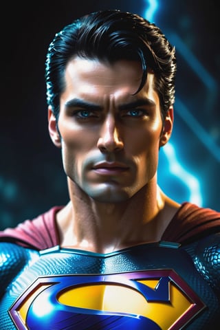 The Dark superman with black Evil Light eyes and lighting Blue thunder Dc , scary, Classic Academia, Flexography, ultra wide-angle, Game engine rendering, Grainy, Collage, analogous colors, Meatcore, infrared lighting, Super detailed, photorealistic, food photography, Cycles render, 4k,  laugh, Leonardo style ,cinematic  moviemaker style, armed 