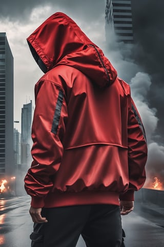armed man, sports suit with hood, obscured face, stormy sky, city, photorealistic, thriller theme, smoke, high resolution photo, 4k, full detailed, Portrait, realistic, chloting red