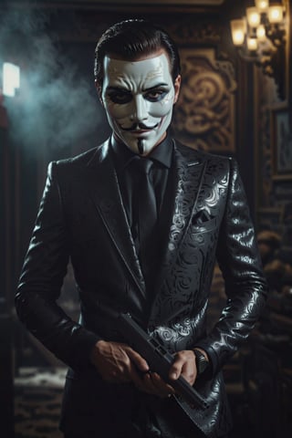 masterpiece, excellent quality, 8k, photo realistic man with anonymous mask, thriller style, aggressive pose, modern black and white Versace suit, armed gun, photorealistic, highly detailed, blurry photo, intricate, incredibly detailed, super detailed, gangster texture, detailed , crazy, soft lights and shadows