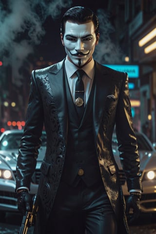 masterpiece, excellent quality, 8k, photo realistic man with anonymous mask, thriller style, aggressive pose, modern black and white Versace suit, armed gun, photorealistic, highly detailed, blurry photo, intricate, incredibly detailed, super detailed, gangster texture, detailed , crazy, soft lights and shadows