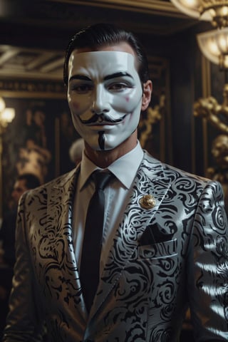 masterpiece, excellent quality, 8k, photo realistic man with anonymous mask, thriller style, modern black and white Versace suit, armed, photorealistic, highly detailed, photo blurry, intricate, incredibly detailed, super detailed, gangster plot, detailed, crazy, lights suffused and shadows