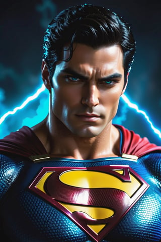 The Dark superman with black Evil Light eyes and lighting Blue thunder Dc , scary, Classic Academia, Flexography, ultra wide-angle, Game engine rendering, Grainy, Collage, analogous colors, Meatcore, infrared lighting, Super detailed, photorealistic, food photography, Cycles render, 4k,  laugh, Leonardo style ,cinematic  moviemaker style, armed 