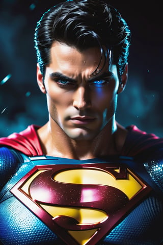The Dark superman with black Evil Light eyes and lighting Blue thunder Dc , scary, Classic Academia, Flexography, ultra wide-angle, Game engine rendering, Grainy, Collage, analogous colors, Meatcore, infrared lighting, Super detailed, photorealistic, food photography, Cycles render, 4k,  laugh, Leonardo style ,cinematic  moviemaker style, armed 