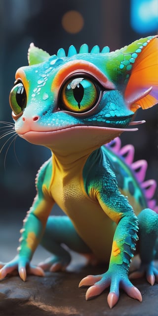 (best quality,8K,highres,masterpiece), ultra-detailed, (character design, creature design, concept art), cute gecko with big eyes and chameleon-skin, featuring adorable cat paws. The whimsical combination of features results in a charming and imaginative portrayal of this fantastical creature.,cyberpunk style