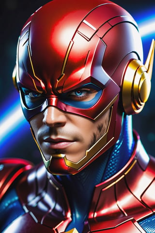 Marvel Heroes flash with red Evil Light eyes and lighting Blue thunder Dc, scary, Classic Academia, Flexography, ultra wide-angle, Game engine rendering, Grainy, Collage, analogous colors, Meatcore, infrared lighting, Super detailed, photorealistic, food photography, Cycles render, 4k,  laugh, Leonardo style ,cinematic  moviemaker style, armed 