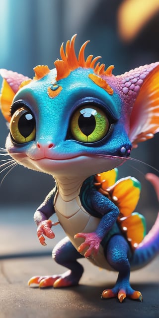 (best quality,8K,highres,masterpiece), ultra-detailed, (character design, creature design, concept art), cute gecko with big eyes and chameleon-skin, featuring adorable cat paws. The whimsical combination of features results in a charming and imaginative portrayal of this fantastical creature.,cyberpunk style