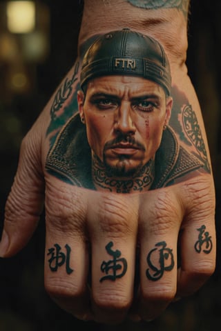 masterpiece, excellent quality, 8k, realistic and detailed hand, with tattoos text, rapper style, photorealistic, highly detailed, photo blurry, intricate, incredibly detailed, super detailed, gangster texture, detailed, crazy, soft lighting and shadows