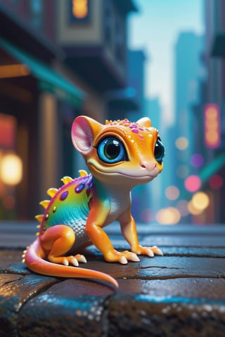 (best quality,8K,highres,masterpiece), ultra-detailed, (character design, creature design, concept art), cute gecko with big eyes and chameleon-skin, featuring adorable cat paws. The whimsical combination of features results in a charming and imaginative portrayal of this fantastical creature.,cyberpunk style