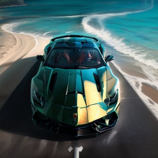 coche lamborghini unico en el mundo solo en una plataforma en medio del mar solo, triste de lujo, trasmitiendo tristeza y soledad, creativo, concepto nuevo, linias nuevas 