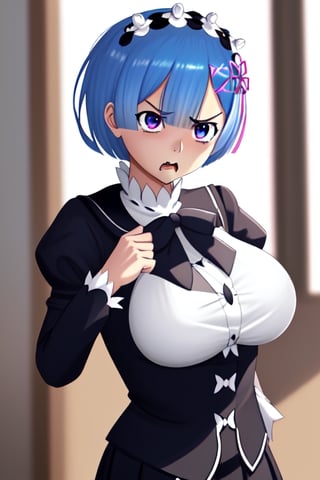 , annoyed, angry, rem rezero, 4k, big breasts, schoolgirl outfit, hot