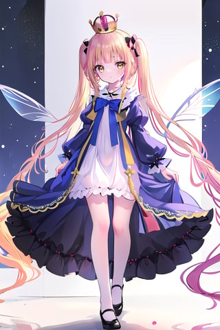 fairy wings masterpiece, best quality, full view, full body, long shot, walking (loli fairy with holograpics iridicent big wings in back),  frilled dress, ((golden yellow long hair)), twintails, bowtie, beautiful eyes, shamed, flower patterned dressed in a regal attire befitting a princess, she wears a combination of black and yellow garments adorned with intricate patterns. a crown adorns her head, inspired of queen bee