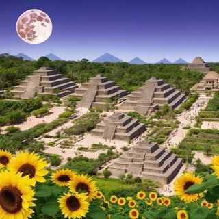 high quality epic scene, midnight, close-up of red full moon. aztec pyramid surrounded by giant sunflowers, gardens of marigolds left, gardenias rigth, violet, south, mountains in the background, sky full of stars, bees and honey decorating everything (aztec village below).