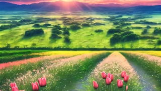 field of tulipans bathed by sunrise rays, sky beautiful with cloud, bees flying around (high definition, japanese anime style)