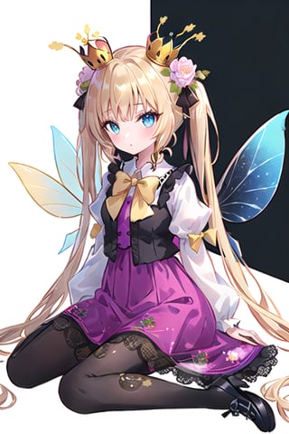 white background, long view, full _ body, fairy wings masterpiece, best quality,
(loli fairy with holograpics iridicent big wings in back),  frilled dress, ((golden yellow long hair)), twintails, bowtie, beautiful eyes, shamed, flower patterned dressed in a regal attire befitting a princess, she wears a combination of black and yellow garments adorned with intricate patterns. a crown adorns her head, inspired of queen bee
((white background)) (not background),cuteloli