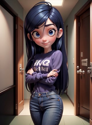 (AS-YoungerV2), 1girl, , pixar , masterpiece, best quality, 3dmm style, 3d, high quality, ultra-high details, 4k, real skin materials, (12 years: 1.4), small breasts, shy smile, looking at the viewer,
solo, VioletParr, hair over one eye, looking at viewer, (long black hair: 1.3), serious, big eyes, (light blue eyes), detailed eyes, perfect iris, (background school hallway, american style college, armed with corridor, students walking down the corridor, classroom doors), purple sweatshirt, jeans,
