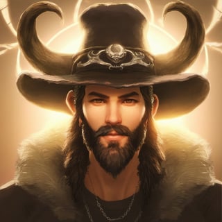 1man, beard, facial_hair, hat, holding_staff, horns, long_hair, male_focus, staff, Magical creature, Magical Fantasy World style, 