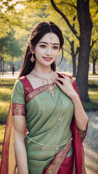 Hindu, Best quality, masterpiece, ultra high res, (photorealistic:1.37), raw photo, detailed eyes and face, perfect anatomy. perfect fingers. dynamic lighting, outdoors, walk in the park, Stunning smile, Closed mouth