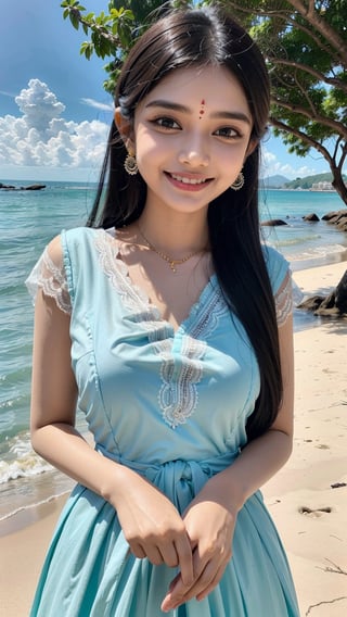 Tamil traditional, Bindi on forehead, Hindu attire, Stunning smile, Closed mouth, Outdoors, Perfect anatomy, Beautiful dress, Natural lighting, At a beach, Lace dress