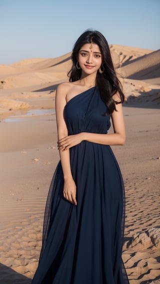 In a desert, In dark blue color dress,

Tamil, Hindu, Traditional, Smile, Beautiful Dress, Gorgeous looking girl,

Only one girl, Outdoors, Detailed face, Perfect anatomy, Perfect eyes, Photorealistic, Closed mouth, Slow, Calm,

1girl