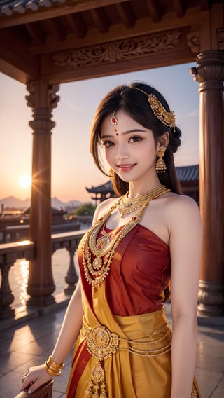 At the temple, Sunset,
Beautiful dress,
Tamil, Hindu, Traditional, Smile, 
Only one person, Outdoor, Detailed face, Perfect anatomy, Photorealistic