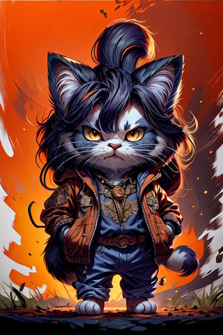 Hyper-detailed painting, Jean-Baptiste Monge style, persian cat Anthropomorphic, cowboy, ,, , with his dress with intricate ornamentation orange and purple , ,, , highest quality,, very angry face, body fitness, full body, long hair with braids , at night in the cemetery with fireflies,cat