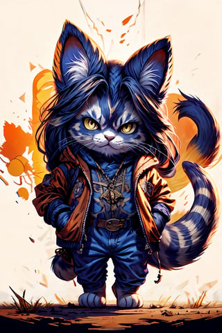 Hyper-detailed painting, Jean-Baptiste Monge style, persian cat Anthropomorphic, cowboy, ,, , with his dress with intricate ornamentation orange and purple , ,, , highest quality,, very angry face, body fitness, full body, long hair with braids , at night in the cemetery with fireflies,cat