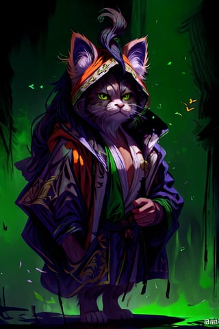 Hyper-detailed painting, Jean-Baptiste Monge style, persian cat Anthropomorphic, mage, ,, , (extremely intricate robes, magical robes orange and green  ),, ,, , highest quality,, very angry face, body fitness, full body, long hair with braids, at night in the forest with fireflies,