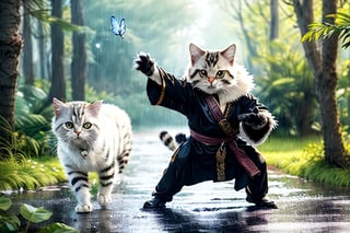 anthropomorphic cat, in kung fu pose, like bruce lee, athletic body, white fur, golden eyes, with pirate clothes like jack sparrow, in the forest, rainy, with magical particles and butterflies
