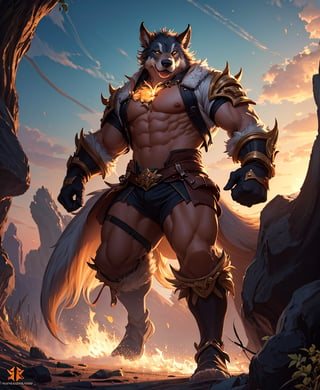 Nebur Belmont,Masterpiece, (Ultra Detailed), (Animal Anthropomorphism), pirate Theme, Wolf, Handsome, Trench Coat, on a plain by an oak tree, with a beautiful sunrise in the background, Highest Quality, Single Focus, (skimming: 1.1), Muscle Man, Full Body, Intricate (High Detail: 1.1) , 8k uhd, orange hair, y pintura facial azul,, , , ,, glowing power aura, dynamic pose, dynamic a close up of a man with a wolf on his chest, muscular werewolf, a minotaur wolf, berserker potrait, trendin on artstation, commission for high res, extremely detailed artgerm, anthro art, sylas, portrait of a gnoll, anthropomorphic wolf male, gnoll, furry fantasy art, full art view,SFBalrog,vane /(granblue fantasy/),sucrose \(genshin impact\)