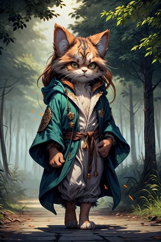 Hyper-detailed painting, Jean-Baptiste Monge style, persian cat Anthropomorphic, mage, ,, , (extremely intricate robes, magical robes orange and green  ),, ,, , highest quality,, very angry face, body fitness, full body, long hair with braids, at night in the forest with fireflies,