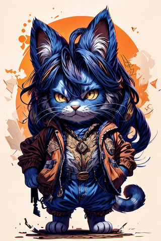 Hyper-detailed painting, Jean-Baptiste Monge style, persian cat Anthropomorphic, cowboy, ,, , with his dress with intricate ornamentation orange and purple , ,, , highest quality,, very angry face, body fitness, full body, long hair with braids , at night in the cemetery with fireflies,cat