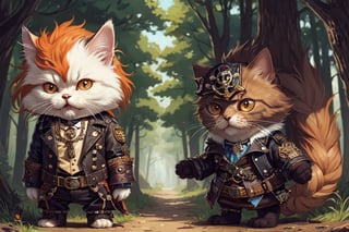 persian cat Anthropomorphic, steampunk ,, , studded leather jacket with intricate ornamentation orange and purple , pirate steampunk theme,, , highest quality,, very angry face, body fitness, full body, long hair with braids , in the forest