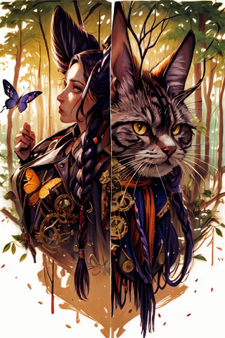 Hyper-detailed painting, Jean-Baptiste Monge style, persian cat Anthropomorphic, steampunk ,, , studded leather jacket with intricate ornamentation orange and purple , pirate steampunk theme,, , highest quality,, very angry face, body fitness, full body, long hair with braids , in the forest with butterflies