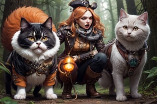 persian cat Anthropomorphic, steampunk ,, , studded leather jacket with intricate ornamentation orange and purple , pirate steampunk theme,, , highest quality,, very angry face, body fitness, full body, long hair with braids , in the forest