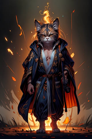 Hyper-detailed painting, Jean-Baptiste Monge style, persian cat Anthropomorphic, mage, ,, ,  (extremely intricate robes, magical robes orange and black ),, ,, , highest quality,, very angry face, body fitness, full body, long hair with braids , at night in the  forest with fireflies,