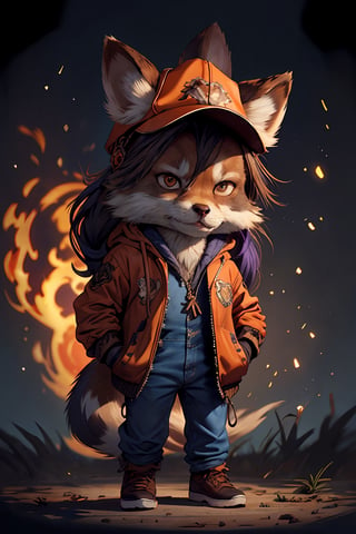Hyperdetailed painting, Jean-Baptiste Monge style, anthropomorphic fox, with his dress with intricate ornamentation orange and purple ,with a cowboy hat ,, , highest quality,, very angry face, greaves, playing an electric guitar, high quality, body fitness, full body, long hair with braids, at night in the cemetery with fireflies
