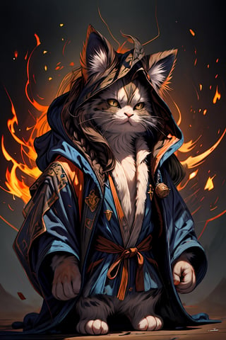 Hyper-detailed painting, Jean-Baptiste Monge style, persian cat Anthropomorphic, mage, ,, ,  (extremely intricate robes, magical robes orange and black ),, ,, , highest quality,, very angry face, body fitness, full body, long hair with braids , at night in the  forest with fireflies,