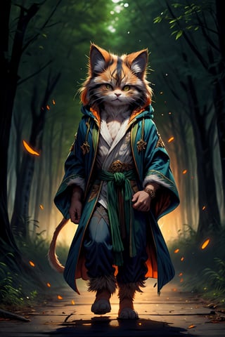 Hyper-detailed painting, Jean-Baptiste Monge style, persian cat Anthropomorphic, mage, ,, , (extremely intricate robes, magical robes orange and green  ),, ,, , highest quality,, very angry face, body fitness, full body, long hair with braids, at night in the forest with fireflies,